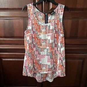 W5 White Pink Orange Black Graphic Scoop Neck Polka-Dot Blouse Shirt Top Tank L